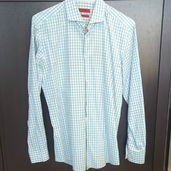 Men's Hugo Boss Blue Green Checkered Button Down Dress Shirt Size 41 - Picture 2 of 7